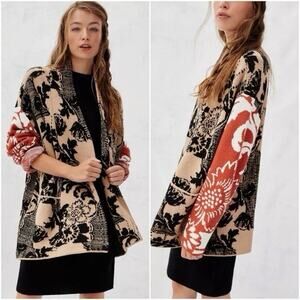 Anthropologie Lola Cocoon Open Front Patchwork Tan Red Cardigan XS / Small